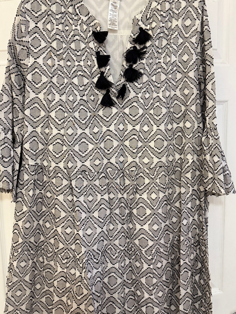 Tommy Bahama Black & White Geometric Tassel V-Neck Tunic